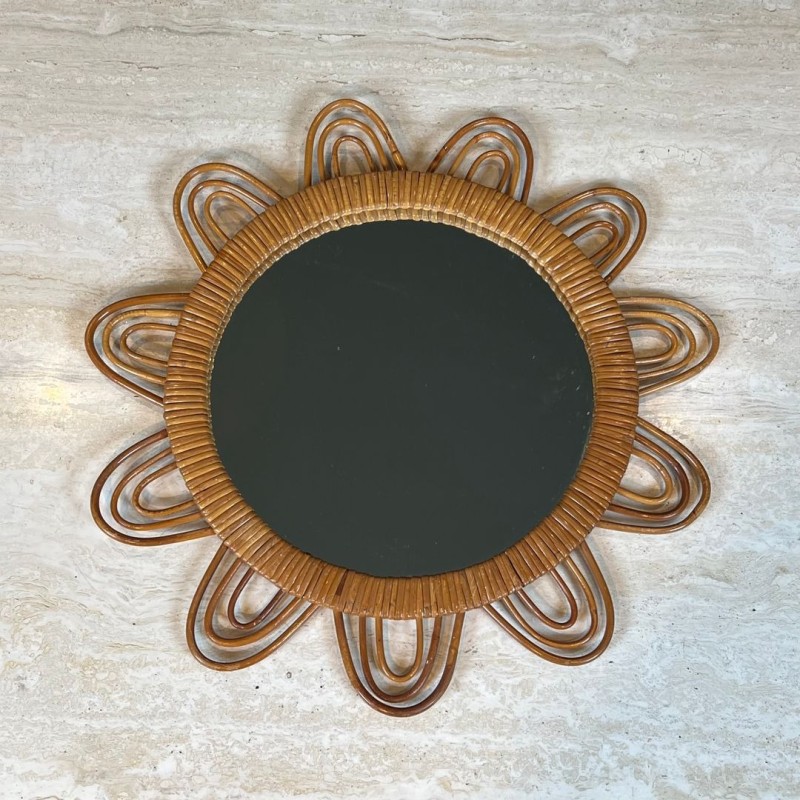 Flower-Shaped Looped Rattan Wall Mirror — French Work, Circa 1970