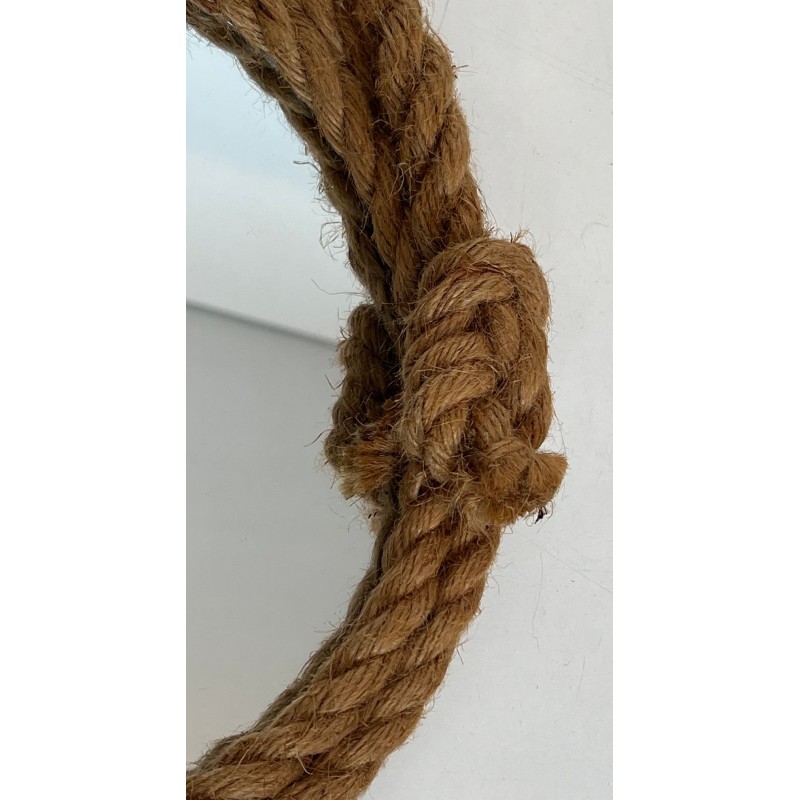 Round Rope Wall Mirror with Hanging Loop — In the Style of Audoux-Minet, Circa 1970