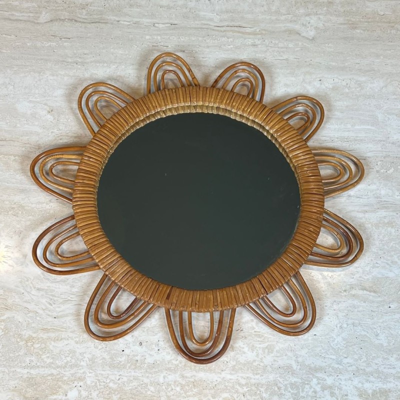Flower-Shaped Looped Rattan Wall Mirror — French Work, Circa 1970
