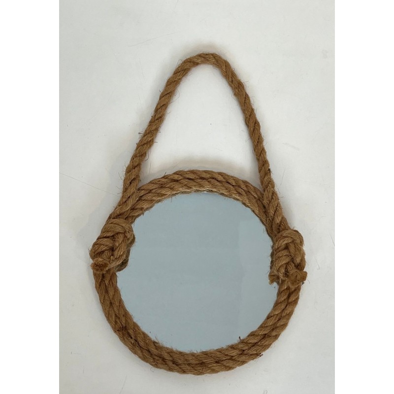 Round Rope Wall Mirror with Hanging Loop — In the Style of Audoux-Minet, Circa 1970
