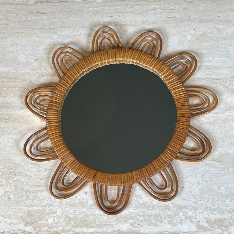 Flower-Shaped Looped Rattan Wall Mirror — French Work, Circa 1970