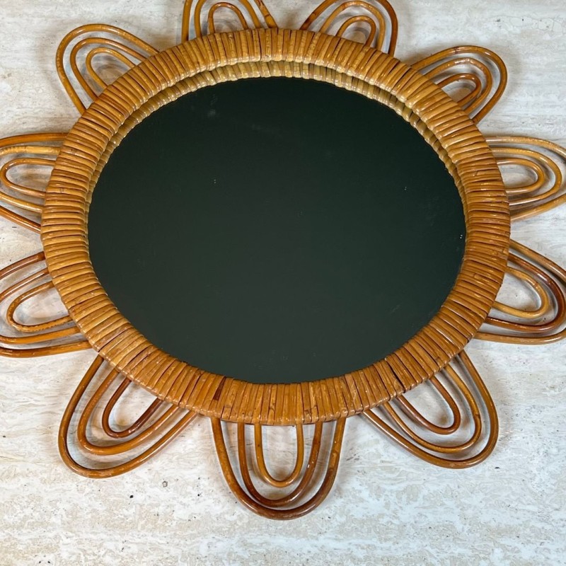 Flower-Shaped Looped Rattan Wall Mirror — French Work, Circa 1970