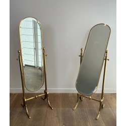 Pair of Neoclassical Style Full-Length Brass Psyché Mirrors — French Work, Circa 1970