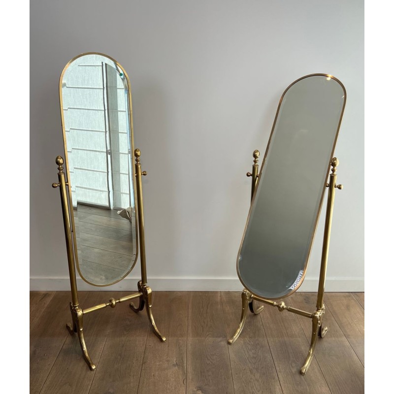 Pair of Neoclassical Style Full-Length Brass Psyché Mirrors — French Work, Circa 1970