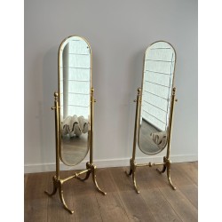 Pair of Neoclassical Style Full-Length Brass Psyché Mirrors — French Work, Circa 1970