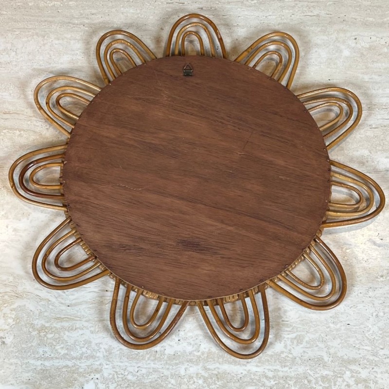 Flower-Shaped Looped Rattan Wall Mirror — French Work, Circa 1970