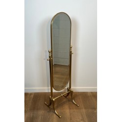 Pair of Neoclassical Style Full-Length Brass Psyché Mirrors — French Work, Circa 1970