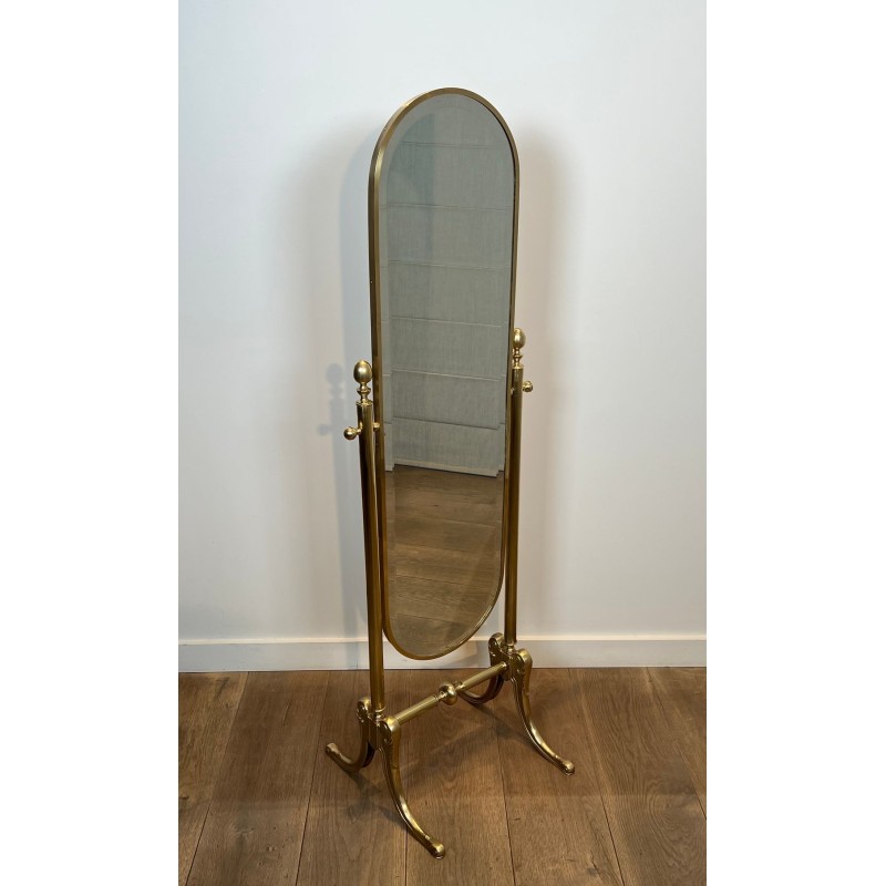 Pair of Neoclassical Style Full-Length Brass Psyché Mirrors — French Work, Circa 1970