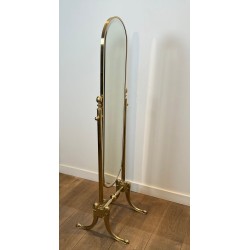 Pair of Neoclassical Style Full-Length Brass Psyché Mirrors — French Work, Circa 1970