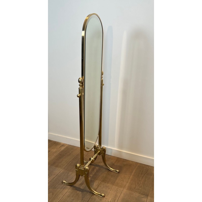 Pair of Neoclassical Style Full-Length Brass Psyché Mirrors — French Work, Circa 1970