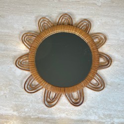 Flower-Shaped Looped Rattan Wall Mirror — French Work, Circa 1970
