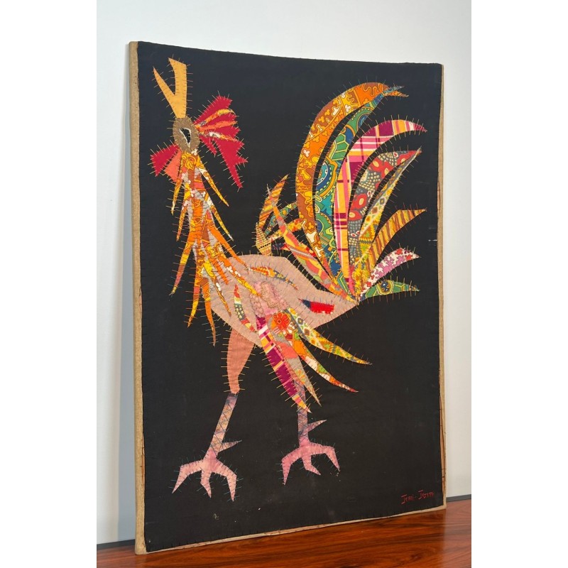 Patchwork Panel Representing a Rooster, Signed Jean Joseph — French Work, Circa 1970