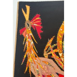 Patchwork Panel Representing a Rooster, Signed Jean Joseph — French Work, Circa 1970