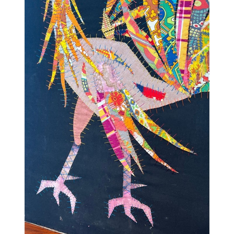 Patchwork Panel Representing a Rooster, Signed Jean Joseph — French Work, Circa 1970