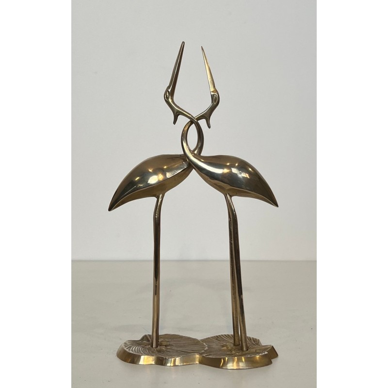 Sculpture en Laiton Poli de Deux Grues Enlacées — Travail Français, Vers 1970