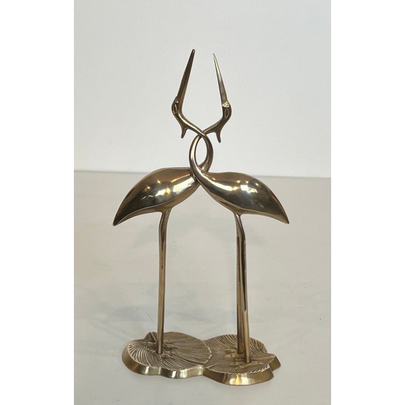 Polished Brass Sculpture of Two Entwined Cranes — French Work, Circa 1970