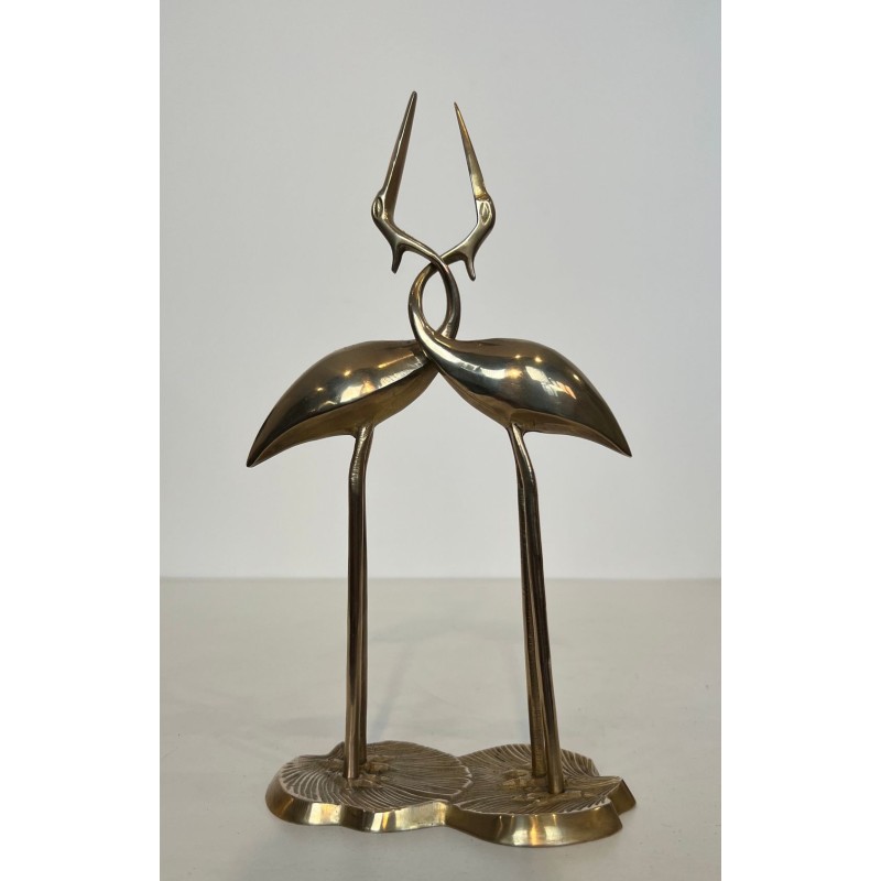 Sculpture en Laiton Poli de Deux Grues Enlacées — Travail Français, Vers 1970