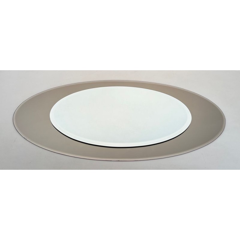 Large Horizontal Oval Mirror with Taupe Glass Surround by Fontana Arte — Italian Work, Circa 1970