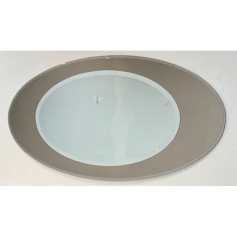 Large Horizontal Oval Mirror with Taupe Glass Surround by Fontana Arte — Italian Work, Circa 1970