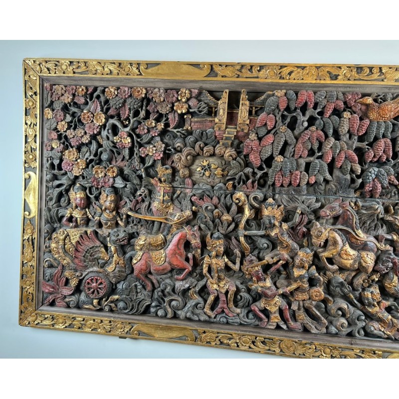 Large Balinese Carved and Polychrome Panel, Scene from the Ramayana — Balinese Work, Circa 1920