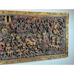 Large Balinese Carved and Polychrome Panel, Scene from the Ramayana — Balinese Work, Circa 1920