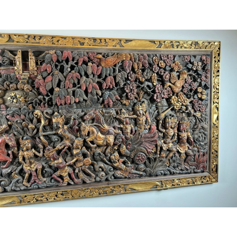 Large Balinese Carved and Polychrome Panel, Scene from the Ramayana — Balinese Work, Circa 1920