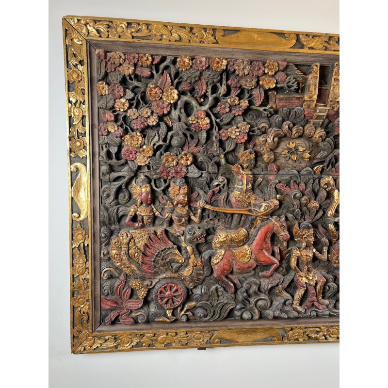 Large Balinese Carved and Polychrome Panel, Scene from the Ramayana — Balinese Work, Circa 1920