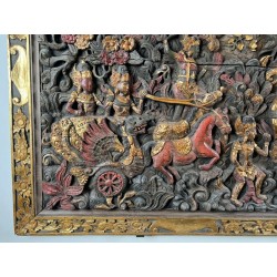Large Balinese Carved and Polychrome Panel, Scene from the Ramayana — Balinese Work, Circa 1920