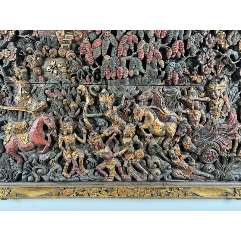 Large Balinese Carved and Polychrome Panel, Scene from the Ramayana — Balinese Work, Circa 1920