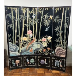 Four-Panel Black Lacquer Screen with Birds, Bamboo and Flowers — Chinese Work, Circa 1950