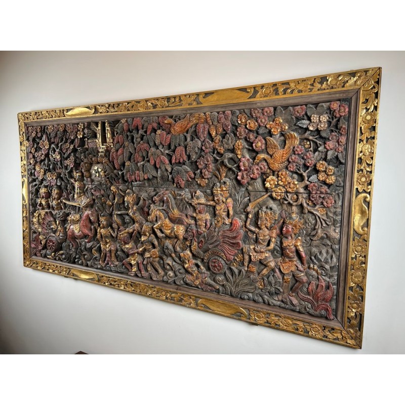Large Balinese Carved and Polychrome Panel, Scene from the Ramayana — Balinese Work, Circa 1920