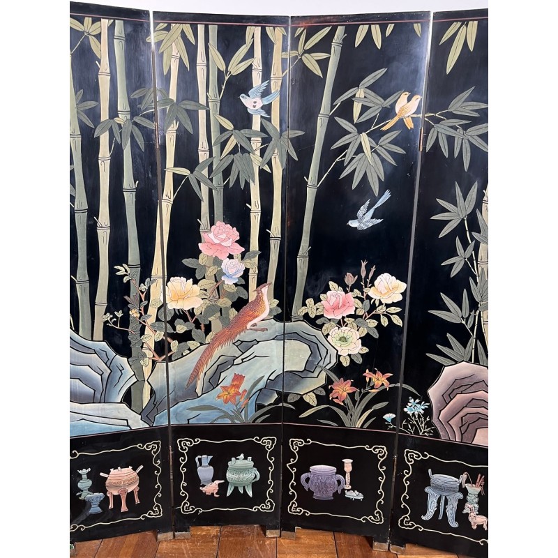 Paravent Quatre Panneaux en Laque Noire à Décors d'Oiseaux, Bambous et Fleurs — Travail Chinois, Vers 1950