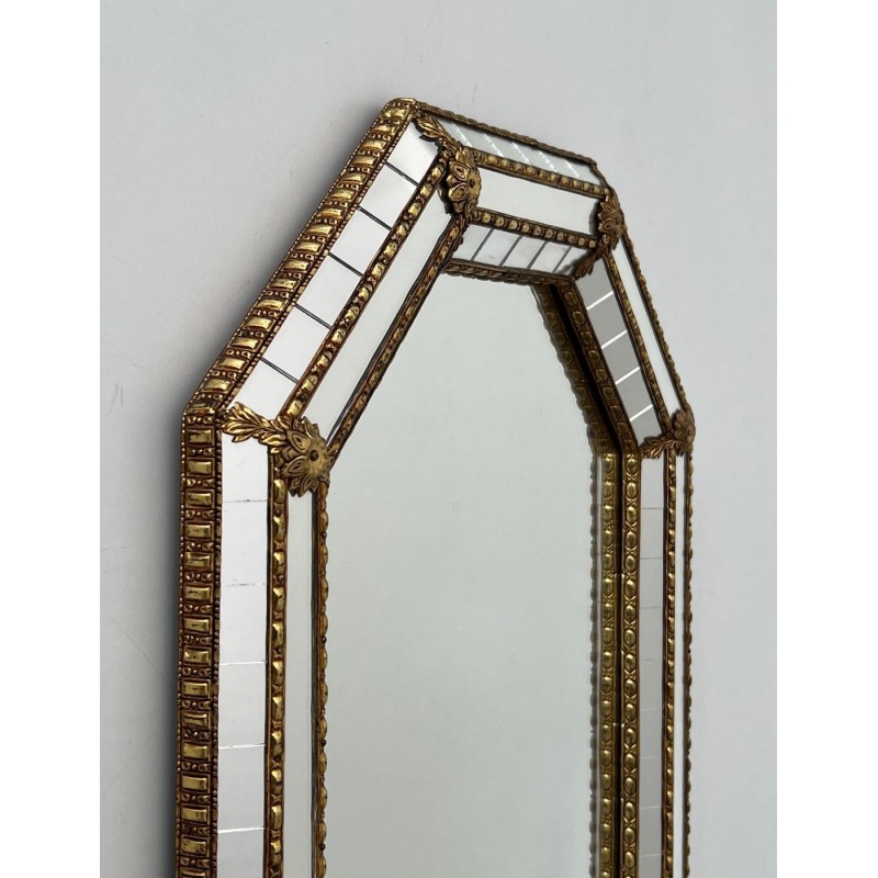 Tall Octagonal Multi-Faceted Mirror with Brass Garlands — French Work, Circa 1970