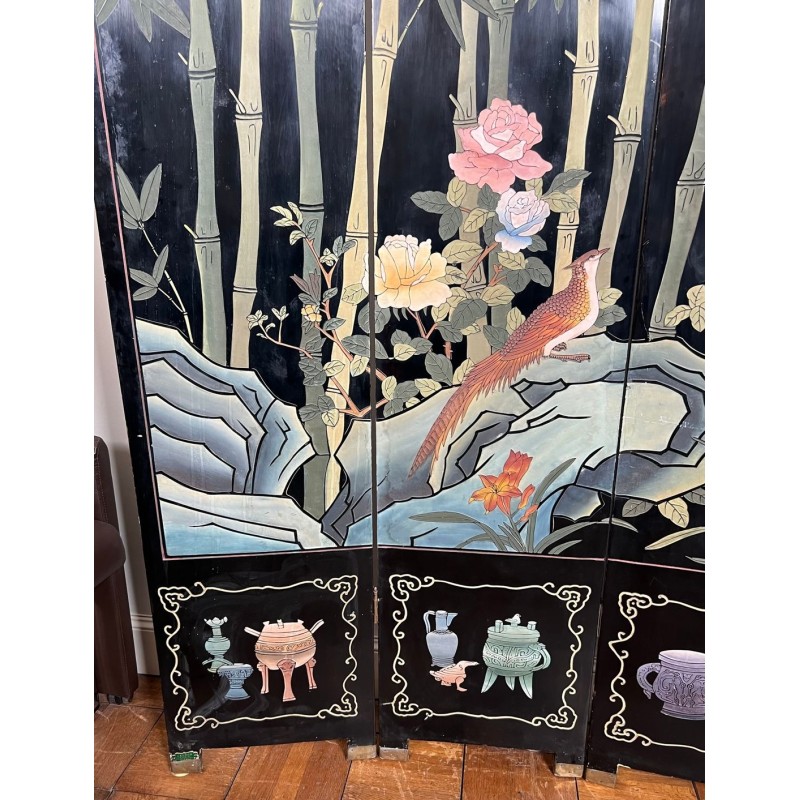 Paravent Quatre Panneaux en Laque Noire à Décors d'Oiseaux, Bambous et Fleurs — Travail Chinois, Vers 1950