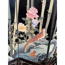 Paravent Quatre Panneaux en Laque Noire à Décors d'Oiseaux, Bambous et Fleurs — Travail Chinois, Vers 1950