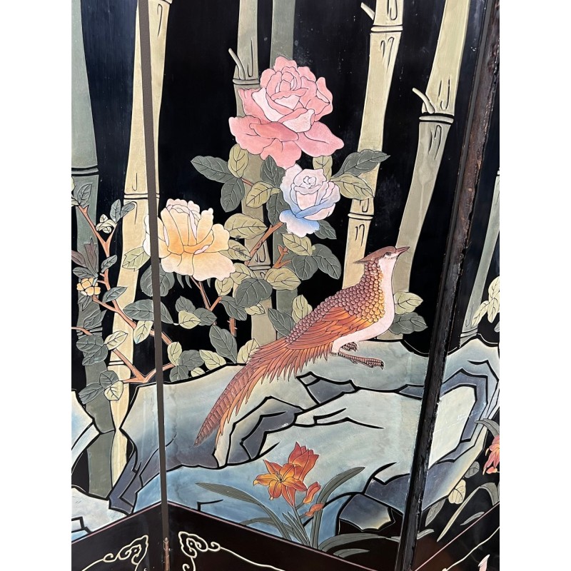 Paravent Quatre Panneaux en Laque Noire à Décors d'Oiseaux, Bambous et Fleurs — Travail Chinois, Vers 1950