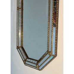 Tall Octagonal Multi-Faceted Mirror with Brass Garlands — French Work, Circa 1970
