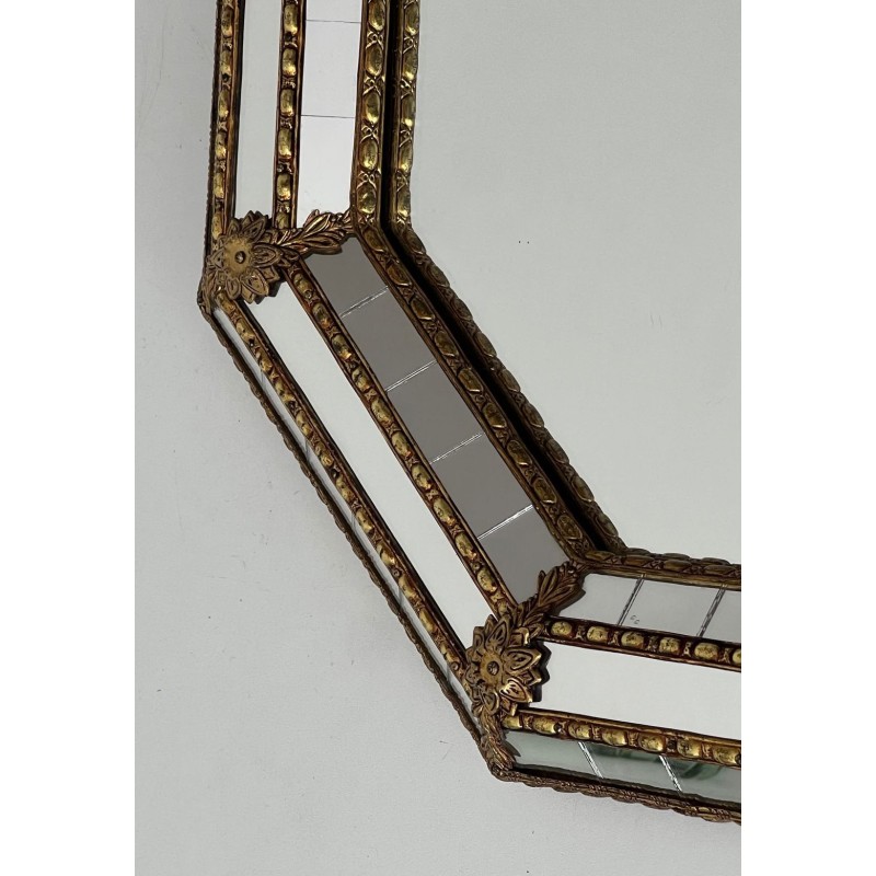 Tall Octagonal Multi-Faceted Mirror with Brass Garlands — French Work, Circa 1970