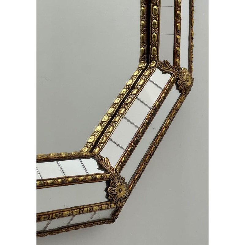 Tall Octagonal Multi-Faceted Mirror with Brass Garlands — French Work, Circa 1970