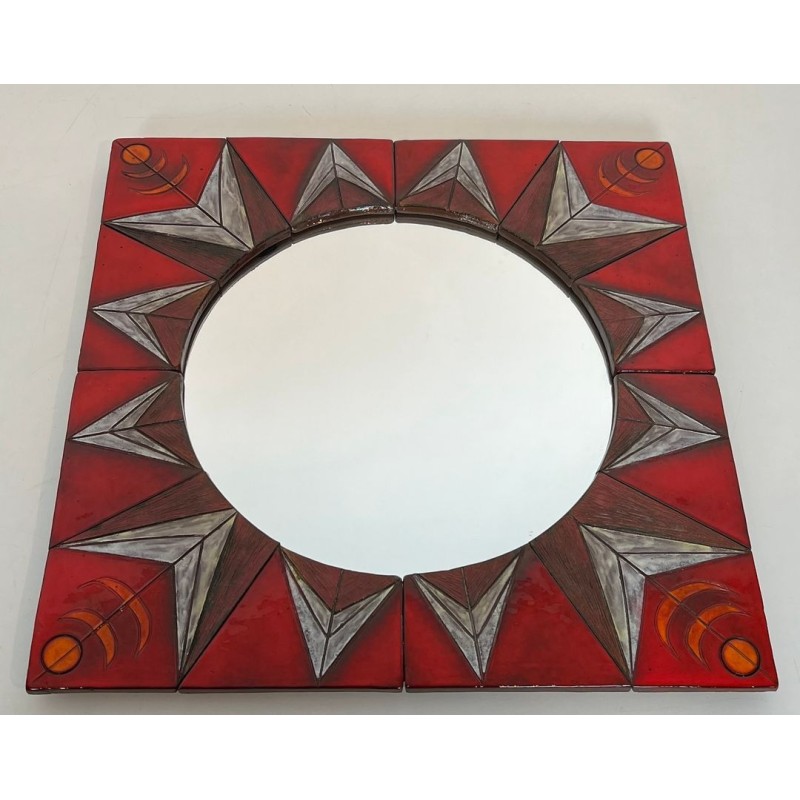 Ceramic Sun Mirror on Red Ground, Attributed to Oswald Tiberghien — Belgian Work, Circa 1960