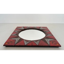 Ceramic Sun Mirror on Red Ground, Attributed to Oswald Tiberghien — Belgian Work, Circa 1960