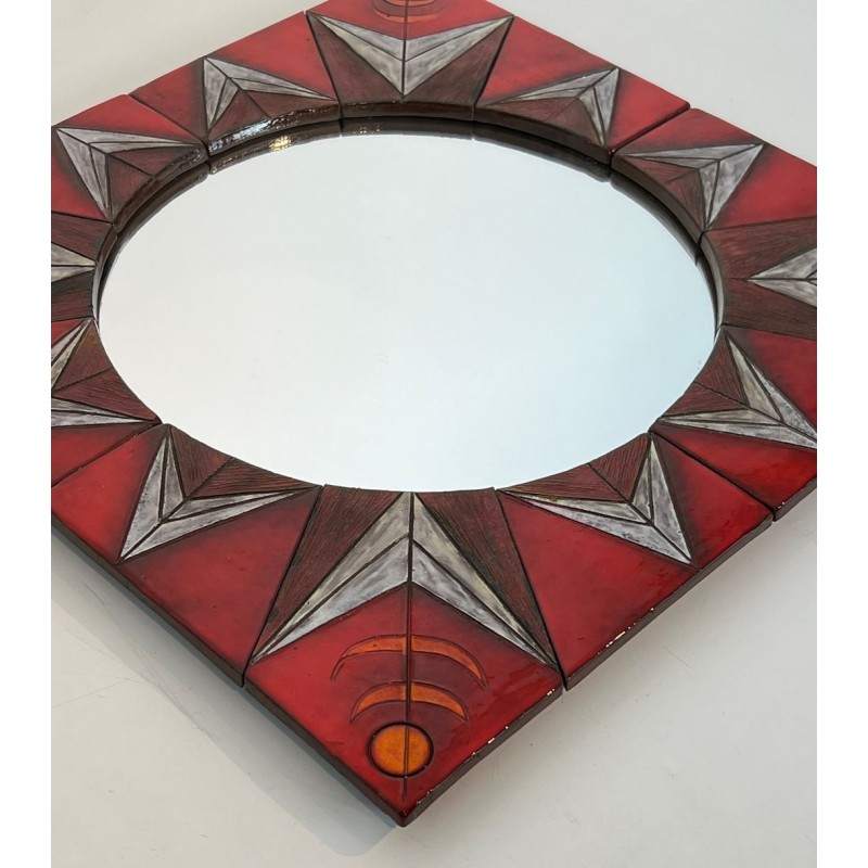 Ceramic Sun Mirror on Red Ground, Attributed to Oswald Tiberghien — Belgian Work, Circa 1960
