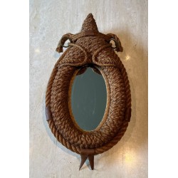 Oval Rope and Leather Mirror by Audoux-Minet — French Work, Circa 1970