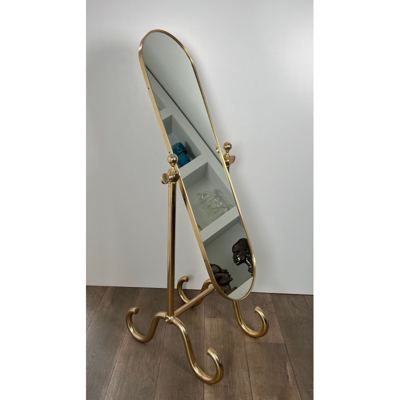 Swinging Full-Length Brass Psyché Mirror — French Work, Circa 1970