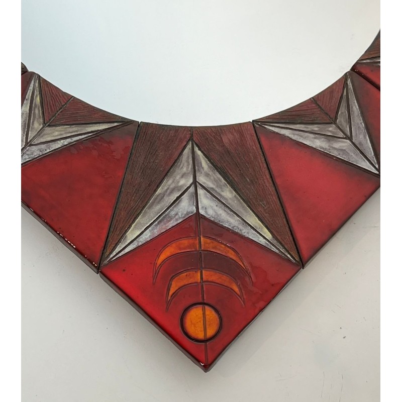 Ceramic Sun Mirror on Red Ground, Attributed to Oswald Tiberghien — Belgian Work, Circa 1960