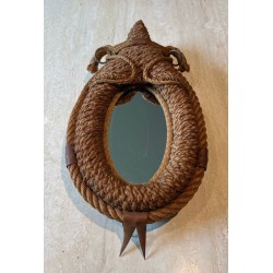 Miroir Ovale en Corde et Cuir d'Audoux-Minet — Travail Français, Vers 1970