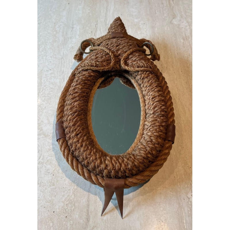 Miroir Ovale en Corde et Cuir d'Audoux-Minet — Travail Français, Vers 1970