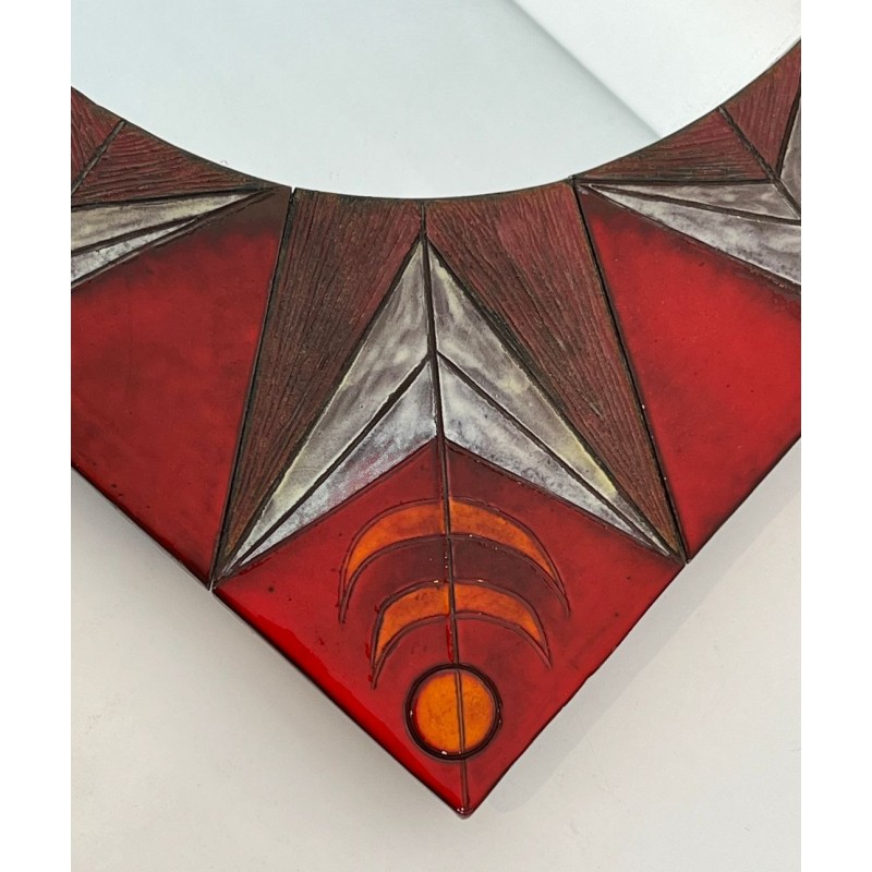 Ceramic Sun Mirror on Red Ground, Attributed to Oswald Tiberghien — Belgian Work, Circa 1960