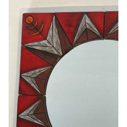 Ceramic Sun Mirror on Red Ground, Attributed to Oswald Tiberghien — Belgian Work, Circa 1960