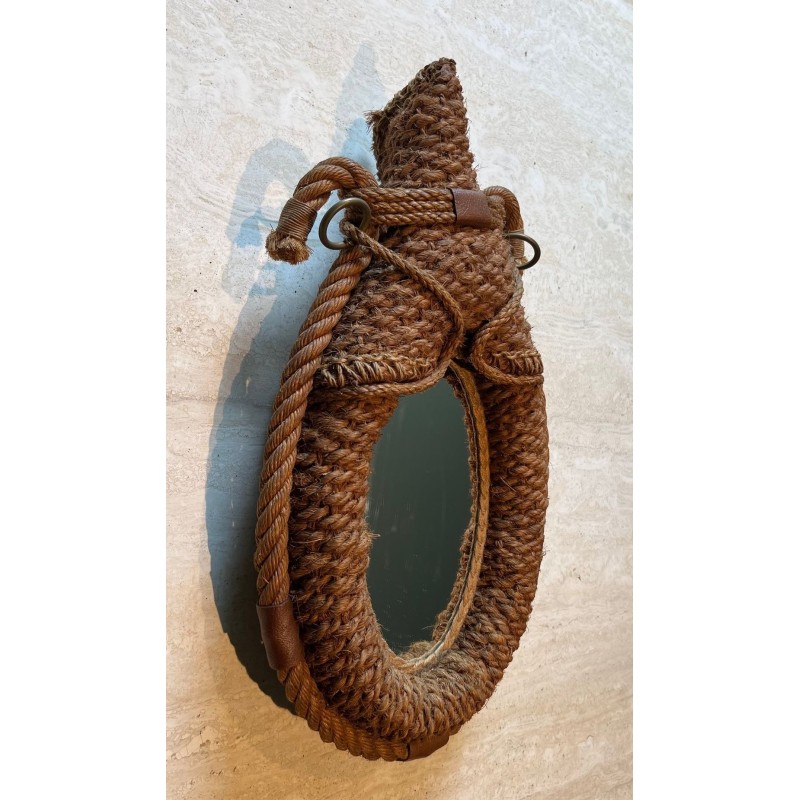 Miroir Ovale en Corde et Cuir d'Audoux-Minet — Travail Français, Vers 1970